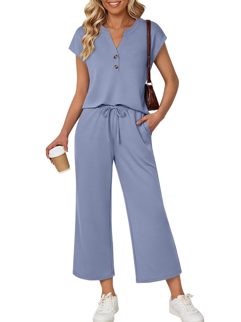 LILLUSORY Two Piece Lounge Sets for Women Spring Vacation Beach Travel Airport Outfits Casual Cruise Fashion 2026 Blue L - Image 1
