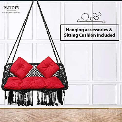 Patiofy Double Seater Swing for Balcony and Home - 2 Person Swing Chair With Large Red Sitting Cushion & 2 Small Back Cushions - Black Polyester, 20 Cm - Image 2
