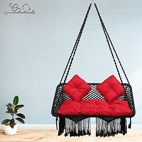 Patiofy Double Seater Swing for Balcony and Home - 2 Person Swing Chair With Large Red Sitting Cushion & 2 Small Back Cushions - Black Polyester, 20 Cm - Image 1