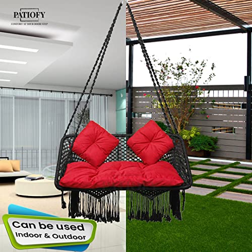 Patiofy Double Seater Swing for Balcony and Home - 2 Person Swing Chair With Large Red Sitting Cushion & 2 Small Back Cushions - Black Polyester, 20 Cm - Image 5