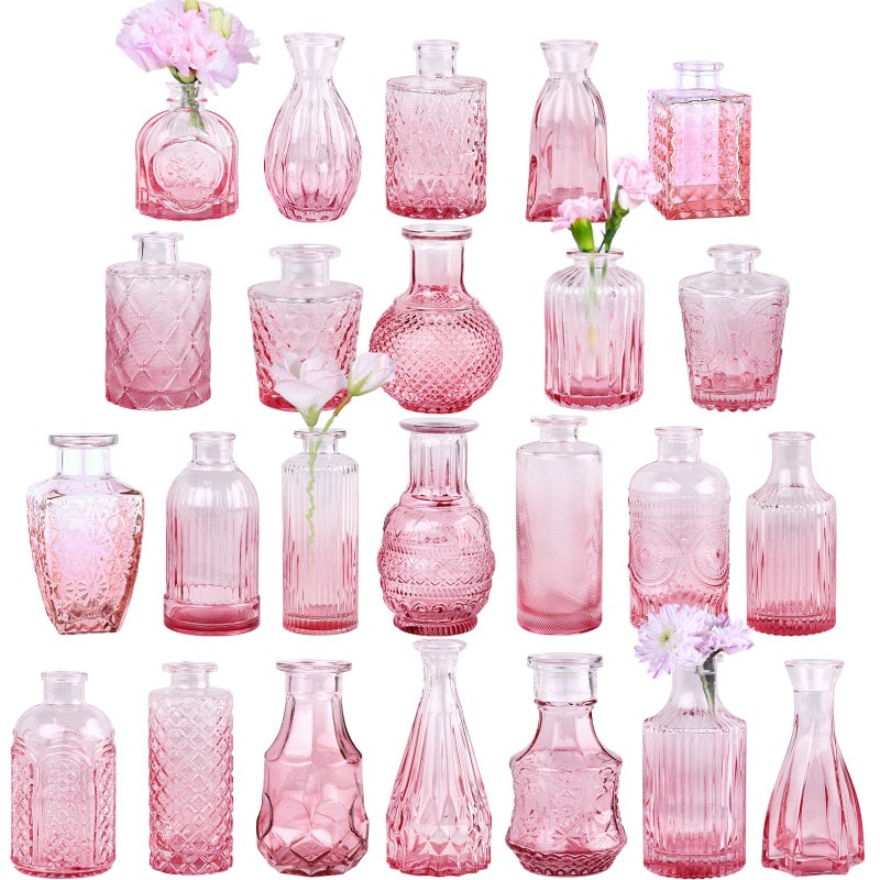 TBWIND Pink Glass Bud Vase Set of 24, Small Flower Vases for Centerpieces in Bulk, Mini Vintage Vase for Wedding Decor, and Home Table DÃ©cor - Image 1