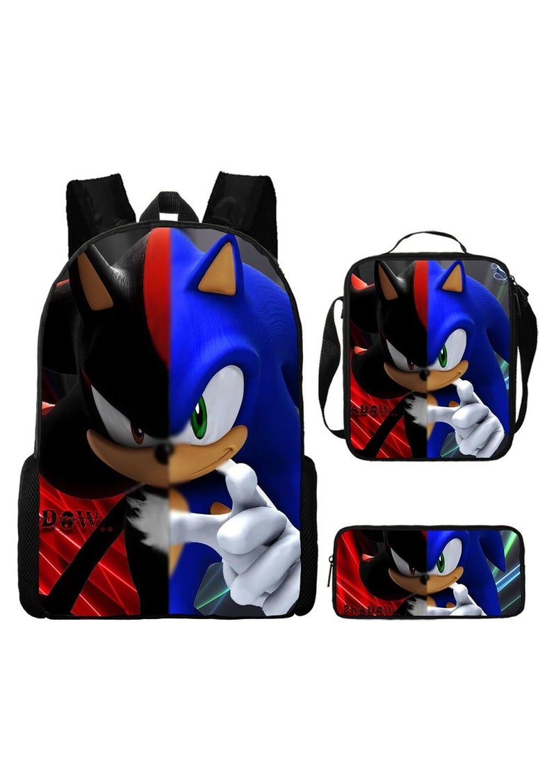 Sonic student large capacity backpack three piece set, anime cartoon backpack, shoulder bag pen bag