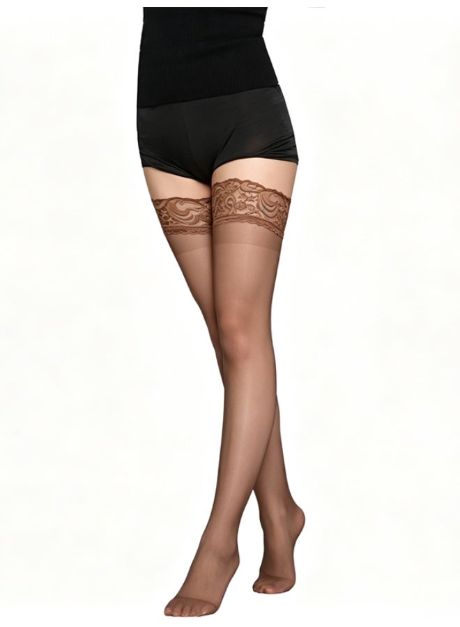 Layali Women Lace Top Thigh High Hold Up Stockings, Ultra Sheer Transparent Wide Lace Cuff Long Hosiery, High Stretch One Size Slimming Thigh Socks - Coffee brown - Image 2