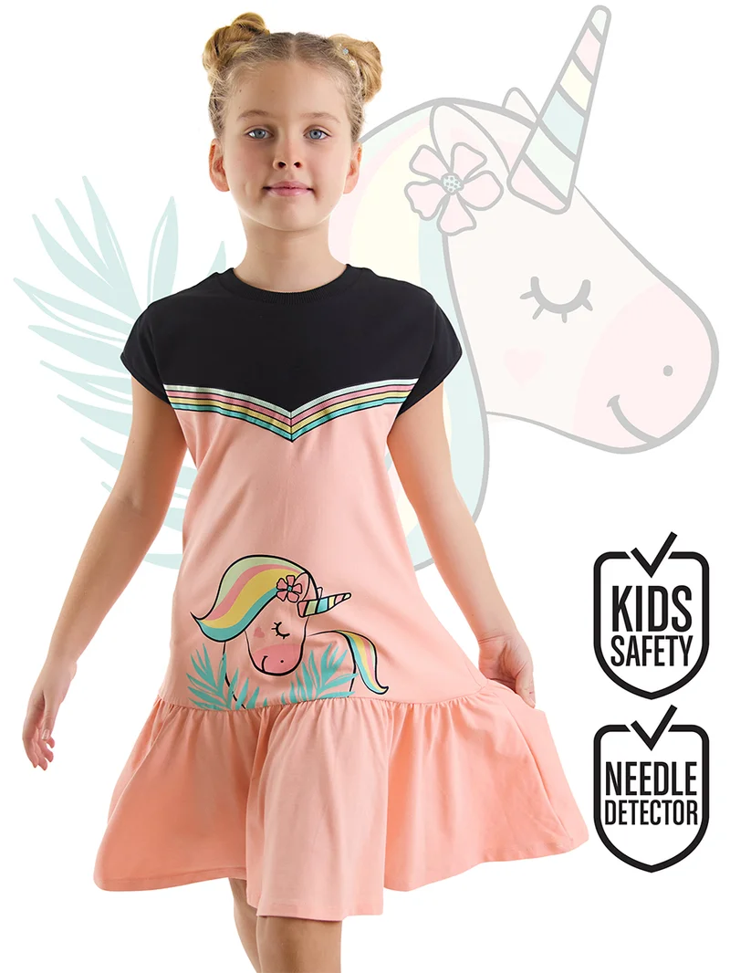 دينوكيدس فستان جيرسي وردي للبنات على شكل وحيد القرن