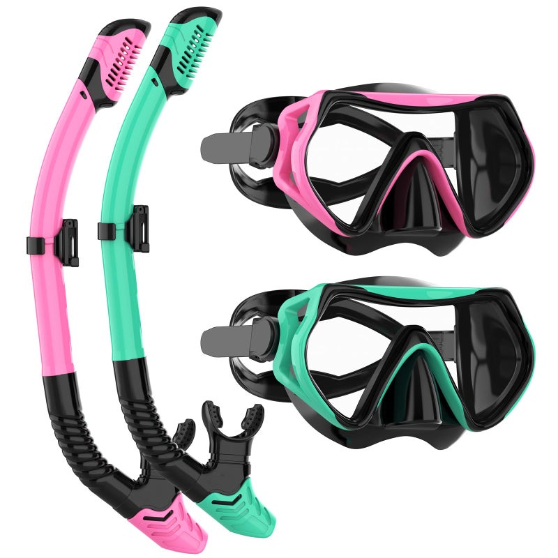 JRing Snorkeling Gear for Adults JRing Snorkel Mask Set with 180 Degree Tempered Glass Anti Fog Goggles Scuba Dry Top Snorkel for Swimming Scuba Diving Mask for Men Women PinkGreen - Image 2