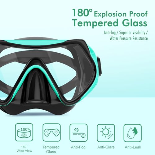 JRing Snorkeling Gear for Adults JRing Snorkel Mask Set with 180 Degree Tempered Glass Anti Fog Goggles Scuba Dry Top Snorkel for Swimming Scuba Diving Mask for Men Women PinkGreen - Image 3
