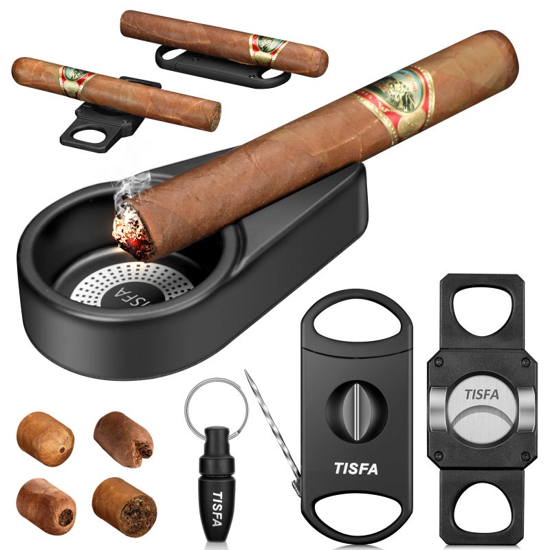 TISFA Cigar Ashtray Set Portable Ash tray for Outdoor Hole Punch V Cutter with Draw Enhancer and Holder Straight Cutter with Stand Cigar Accessories Ashtray Gift Set