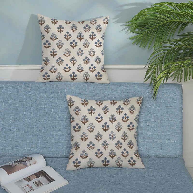 GOLIANDA Brown Blue Pillow Covers 18x18 Set of 2 Boho Block Print Floral Pillow Cases Vintage Flower Pattern Decorative Throw Pillows Linen Outdoor Decor Farmhouse Cushion Cover for Couch Sofa Bed - Image 3