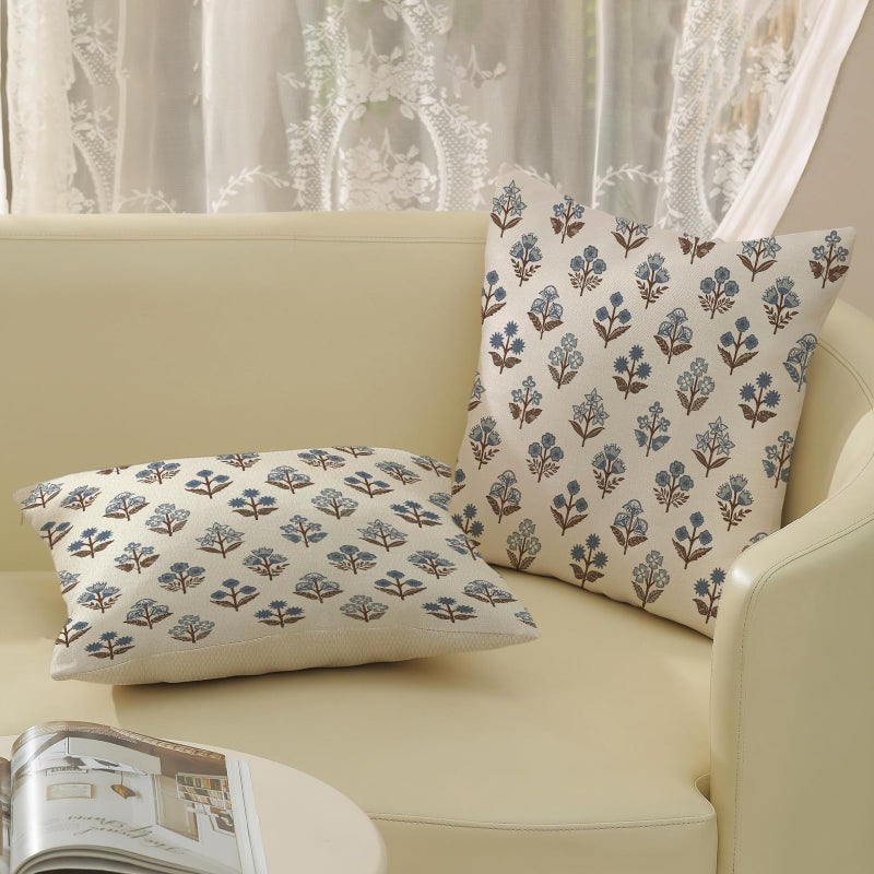 GOLIANDA Brown Blue Pillow Covers 18x18 Set of 2 Boho Block Print Floral Pillow Cases Vintage Flower Pattern Decorative Throw Pillows Linen Outdoor Decor Farmhouse Cushion Cover for Couch Sofa Bed - Image 4
