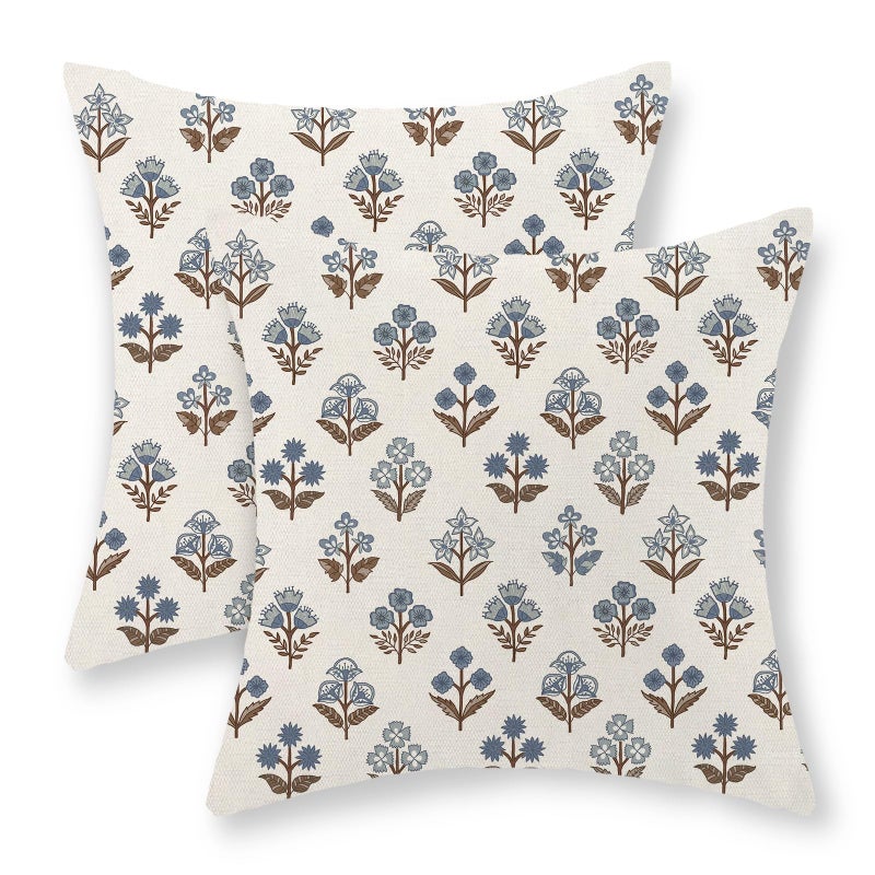 GOLIANDA Brown Blue Pillow Covers 18x18 Set of 2 Boho Block Print Floral Pillow Cases Vintage Flower Pattern Decorative Throw Pillows Linen Outdoor Decor Farmhouse Cushion Cover for Couch Sofa Bed - Image 1