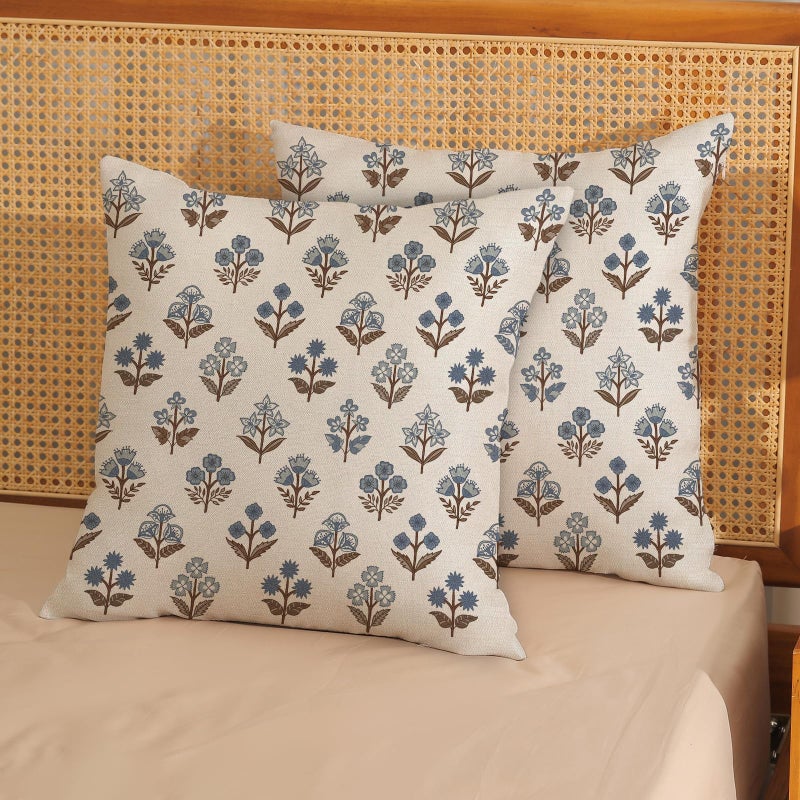 GOLIANDA Brown Blue Pillow Covers 18x18 Set of 2 Boho Block Print Floral Pillow Cases Vintage Flower Pattern Decorative Throw Pillows Linen Outdoor Decor Farmhouse Cushion Cover for Couch Sofa Bed - Image 2