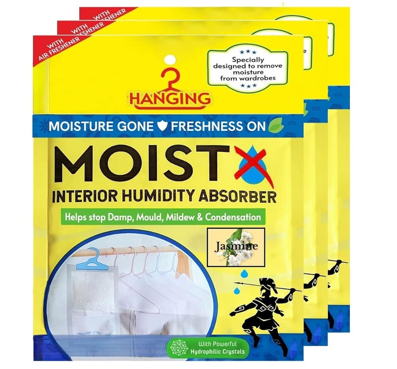 MOISTX MOISTX Hanging Interior Humidity Absorber 200g X 3 pouch with dual benefits Jasmine Fragrance Capacity to trap 500ml of moisture from air Pack of 3 For Wardrobe Kitchen Cabinet Bathroom - Image 1