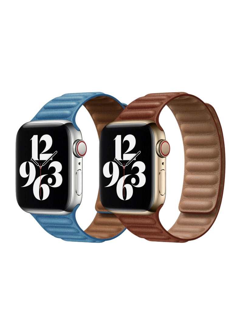 YOMNA For Apple Watch Leather Link Band Strap iWatch Series 40/44/41/45mm Cornflower Blue Strap with Brown Strap  - Image 1