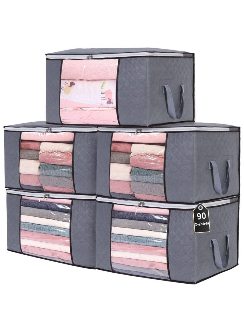 5 Large Storage Bags, Clothes Storage Bins Foldable Closet Organizers Storage Containers with Durable Handles Thick Fabric for Blanket Comforter Clothing Bedding - Image 1
