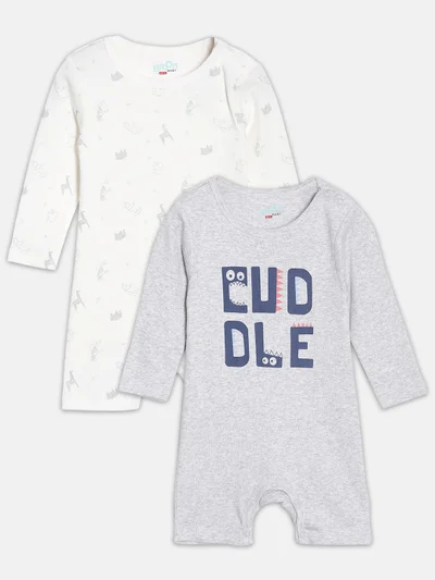 Broon Broon Infant Boys Grey and White Printed Organic Cotton Rompers Pack of 2