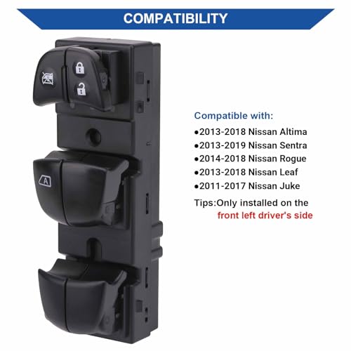 Obaee Power Window Switch Front Left Driver Side Compatible with 2013-2018 Nissan Leaf/Altima, 2013-2019 Sentra, 2014-2018 Rogue, 2011-2017 Juke, Replaces 25401-3NF0A 25401-3SH1A, 1 Auto - Image 2