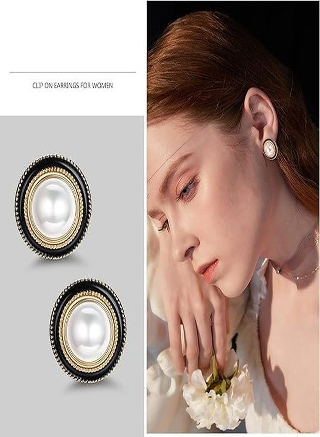 El Regalo Big Pearl Clip On Earrings for Non Pierced Ears- Round Faux Pearl Clip On Fake Non Piercing Earring (Black Enamelled) - Image 3