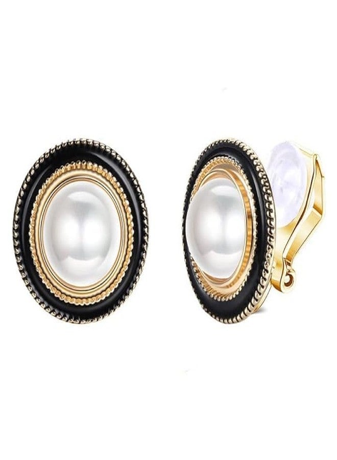 El Regalo Big Pearl Clip On Earrings for Non Pierced Ears- Round Faux Pearl Clip On Fake Non Piercing Earring (Black Enamelled) - Image 2