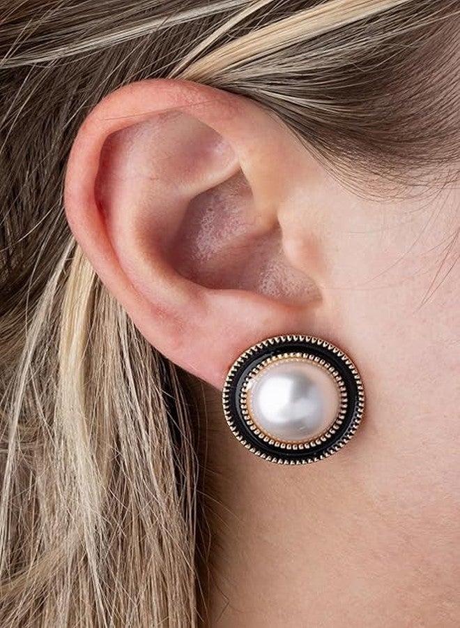 El Regalo Big Pearl Clip On Earrings for Non Pierced Ears- Round Faux Pearl Clip On Fake Non Piercing Earring (Black Enamelled) - Image 4
