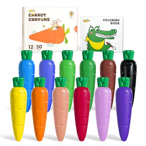JUPITEARTH Carrot Crayons for Kids 12 Colors Non Toxic Beeswax Toddler Crayons with 30Page Coloring Book and 120 PDF Pages MessFree Coloring for Kids Art Supplies Gift - Image 1