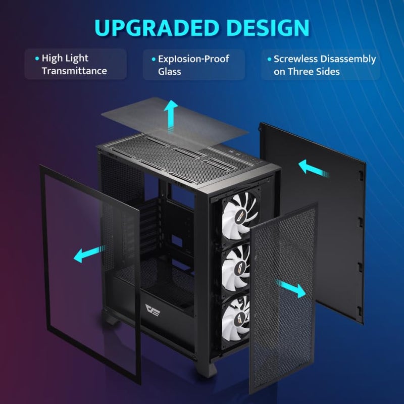 darkFlash ATX Mid-Tower Gaming PC Case, Pre-Installed 3x120mm Fix RGB Fans, with Removable Large Mesh Front Panel, USB3.0 Ready, Tempered Glass Side Panel Airflow Computer Case, Black(DRX70) - Image 2