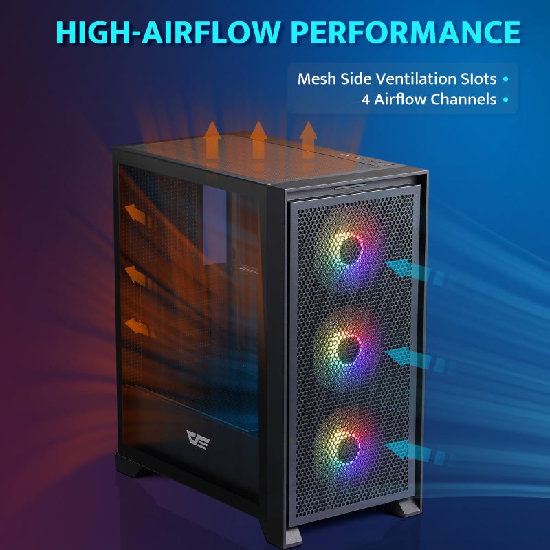 darkFlash ATX Mid-Tower Gaming PC Case, Pre-Installed 3x120mm Fix RGB Fans, with Removable Large Mesh Front Panel, USB3.0 Ready, Tempered Glass Side Panel Airflow Computer Case, Black(DRX70) - Image 4