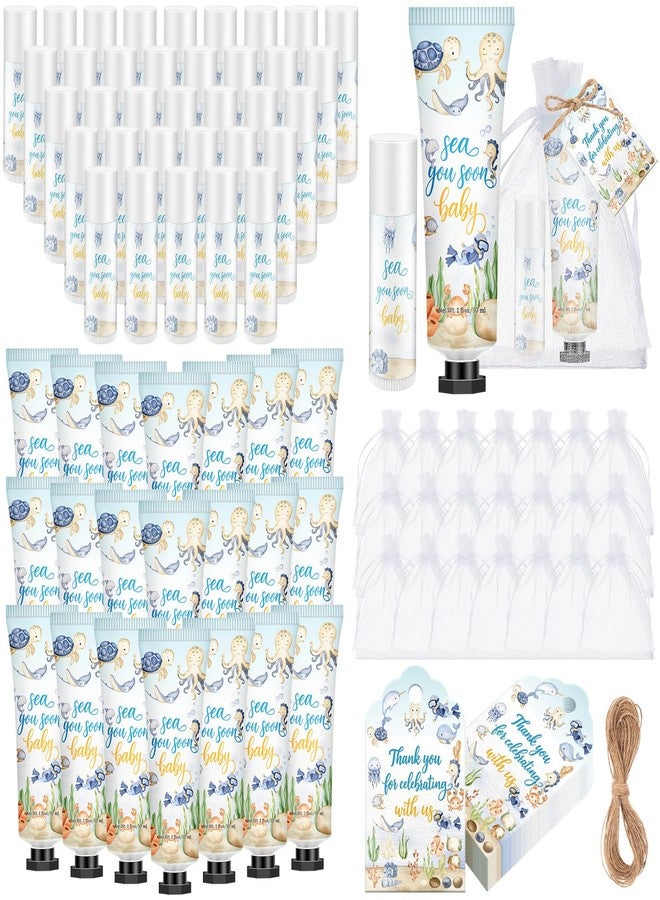 Dimsile 50 Set / 200 Pcs Sea You Soon Baby Shower Gifts Bulk Hand Lotion and Lip Balm with Organza Bags Tags Under the Sea Baby Shower Party Favor Ocean Animal Its a Boy for Girl Boy - Image 1