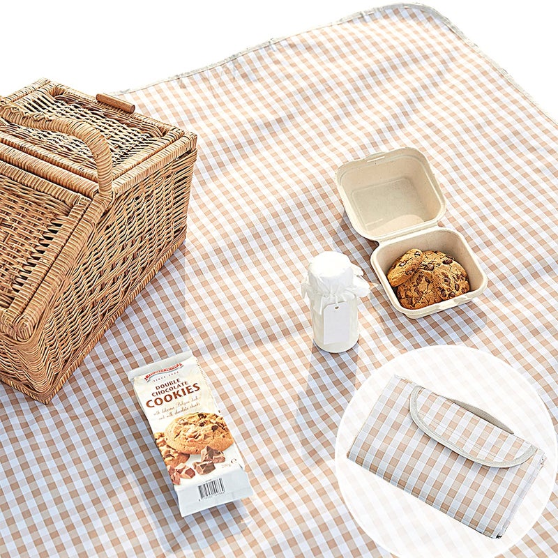 Beyond Thursday Cute Gingham Picnic Blanket, Waterproof Foldable, in Large 80x60in and Extra Large 80x80in, Portable Compact Beach Blanket, Oversized XL Outdoor Mat (Tan, X-Large) - Image 1