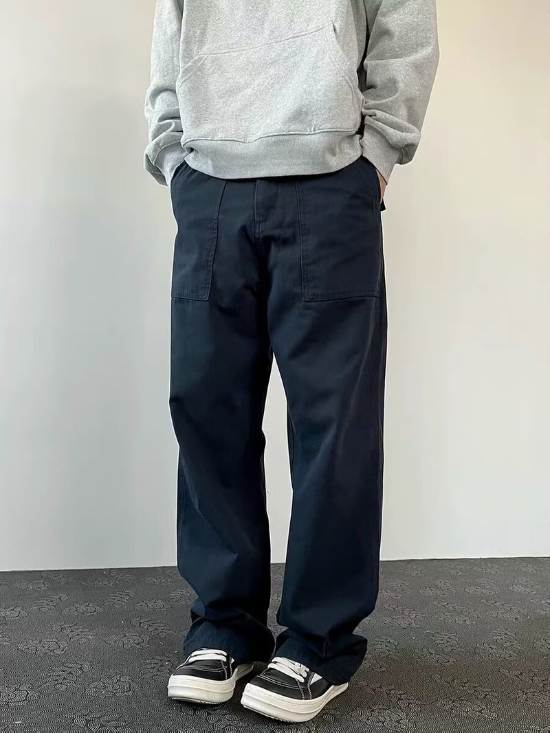 Hong Kong Style Vintage Outdoor Casual Overalls Trendy Brand Solid Color Artistic All-match Straight Loose Mens and Womens Pants for Summer Hr19 [navy blue]