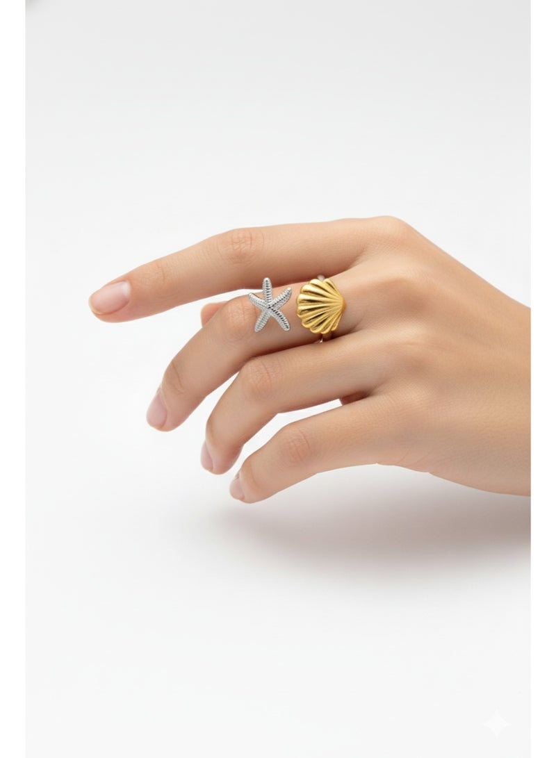 Women stainless steel ring star fish and sea shell adjustable size - Image 2
