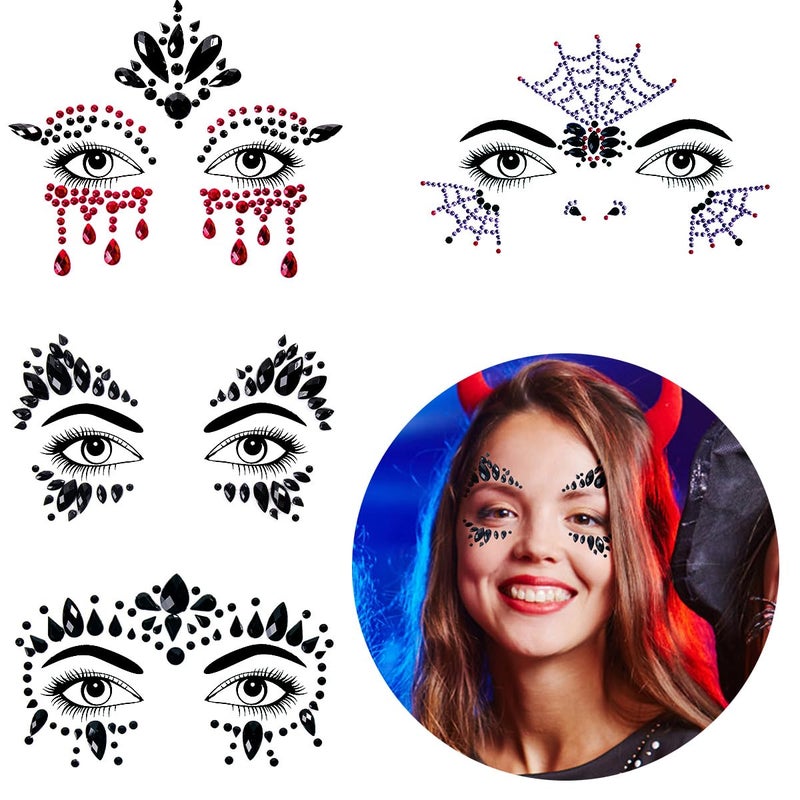 Bowitzki Halloween Face Jewels Festival Design Women Mermaid Face Gems Rhinestone Crystals Stickers Eyes Body Temporary Tattoos (Black-A) - Image 1