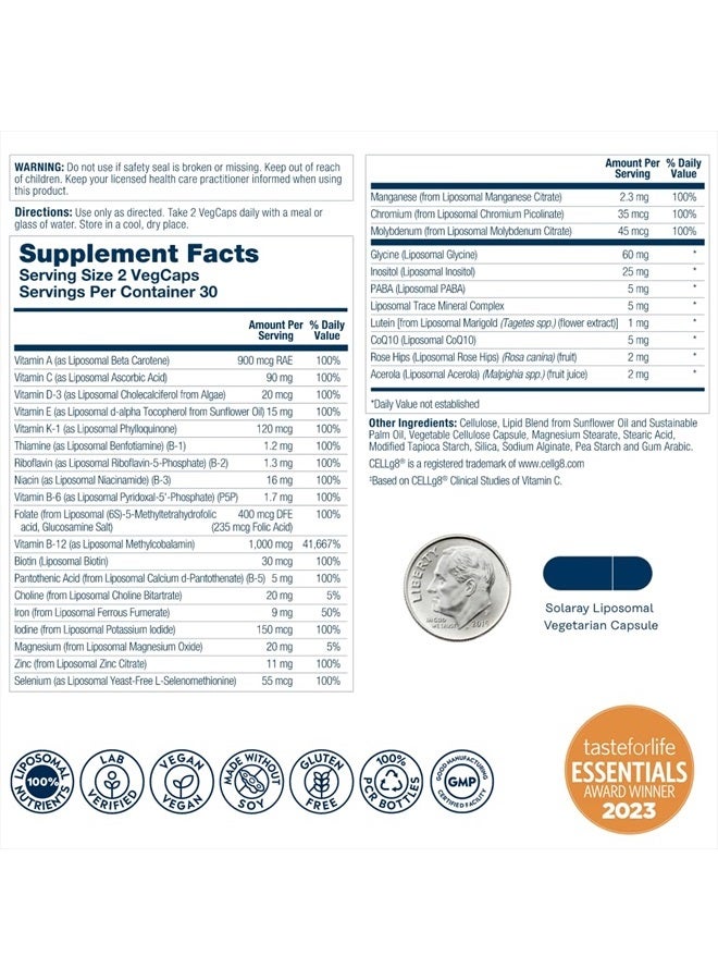 SOLARAY فيتامينات متعددة ليبوسومال للرجال والنساء، قوة عالية، امتصاص معزز فيتامين C، فيتامين D، بيوتين، ميثيل B-12، خالي من الروائح وهضم لطيف، 30 حصة، 60 كبسولة نباتية - Image 2