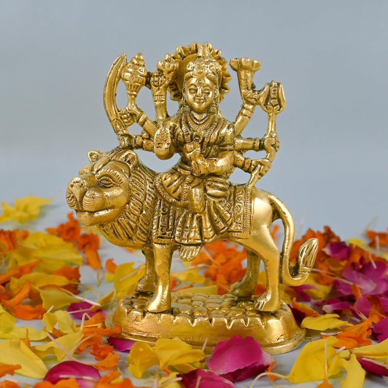 CRAFTHUT Brass Sherawali MATA Idol Goddess Durga Statue for Mandir Pooja Religious Gift Figurine 425 x 375 x 2 Inches 450g - Image 1