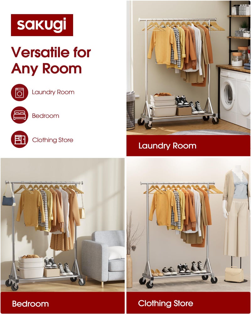 Sakugi Heavy Duty Stainless Steel Rolling Clothes Rack with Mesh Shelf, Lockable Wheels & Anti-Slip Stoppers, Large Capacity Clothing Organizer for Bedroom, Laundry Room, 42.5" x 16.5" x 65.9", Silver - Image 2