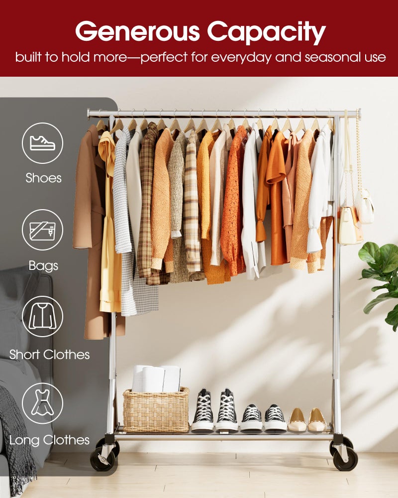 Sakugi Heavy Duty Stainless Steel Rolling Clothes Rack with Mesh Shelf, Lockable Wheels & Anti-Slip Stoppers, Large Capacity Clothing Organizer for Bedroom, Laundry Room, 42.5" x 16.5" x 65.9", Silver - Image 5
