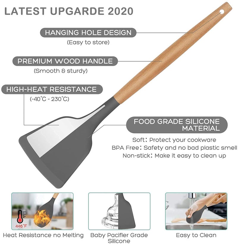 Alciono Silicone Kitchen Tool Set Cooking | Heat-Resistant Non-Stick Utensil Set Cooking Tools | Turner, Whisk, Spoon, Brush, Silicon Spatula Set, Ladle Slotted Tongs Pasta Fork- Set of 10 | Grey - Image 3