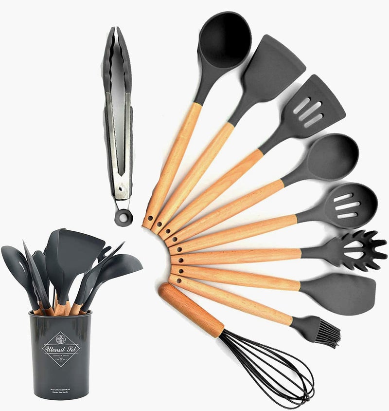 Alciono Silicone Kitchen Tool Set Cooking | Heat-Resistant Non-Stick Utensil Set Cooking Tools | Turner, Whisk, Spoon, Brush, Silicon Spatula Set, Ladle Slotted Tongs Pasta Fork- Set of 10 | Grey - Image 1