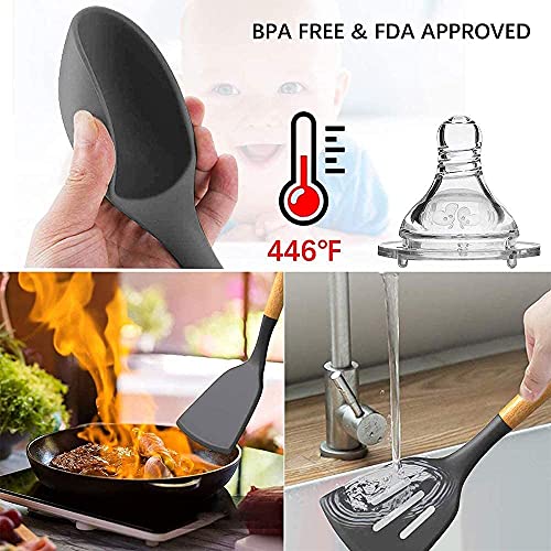 Alciono Silicone Kitchen Tool Set Cooking | Heat-Resistant Non-Stick Utensil Set Cooking Tools | Turner, Whisk, Spoon, Brush, Silicon Spatula Set, Ladle Slotted Tongs Pasta Fork- Set of 10 | Grey - Image 5