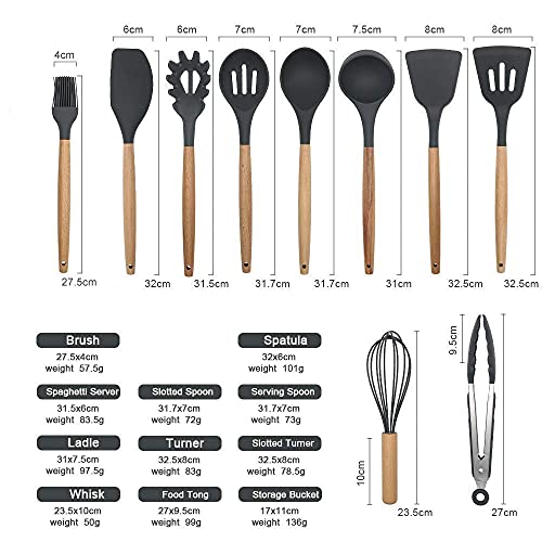 Alciono Silicone Kitchen Tool Set Cooking | Heat-Resistant Non-Stick Utensil Set Cooking Tools | Turner, Whisk, Spoon, Brush, Silicon Spatula Set, Ladle Slotted Tongs Pasta Fork- Set of 10 | Grey - Image 2