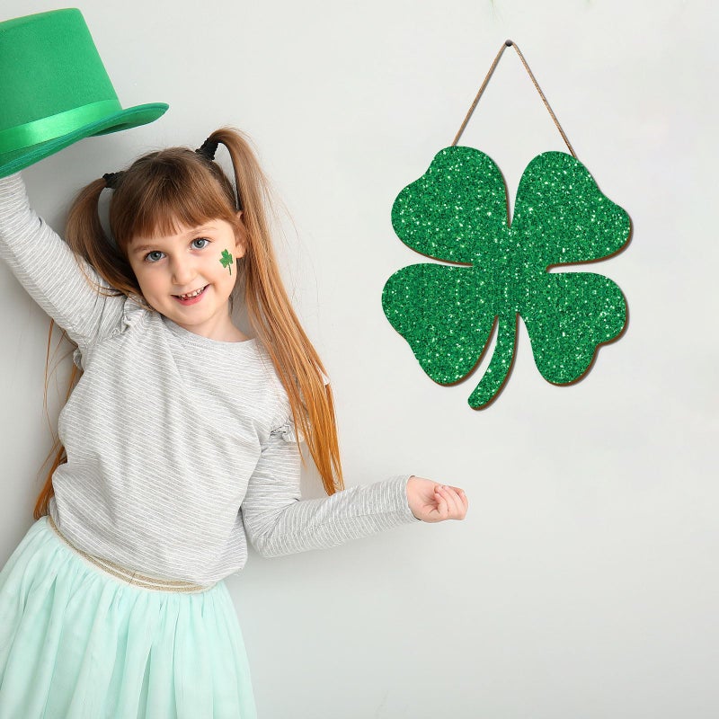 FYSUIMU St. Patrick's Day Door Sign Glitter Shamrock Wooden Hanging Sign Green Four-Leaf Clover Welcome Sign for Spring Irish Holiday Indoor Outdoor Porch Wall Door Decor - Image 4