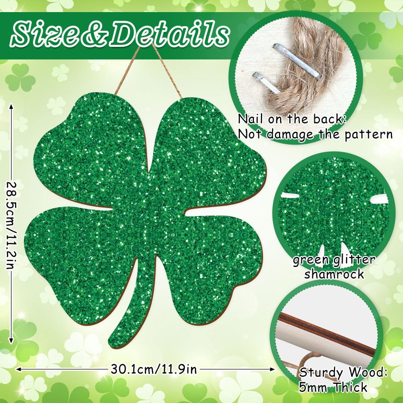 FYSUIMU St. Patrick's Day Door Sign Glitter Shamrock Wooden Hanging Sign Green Four-Leaf Clover Welcome Sign for Spring Irish Holiday Indoor Outdoor Porch Wall Door Decor - Image 2