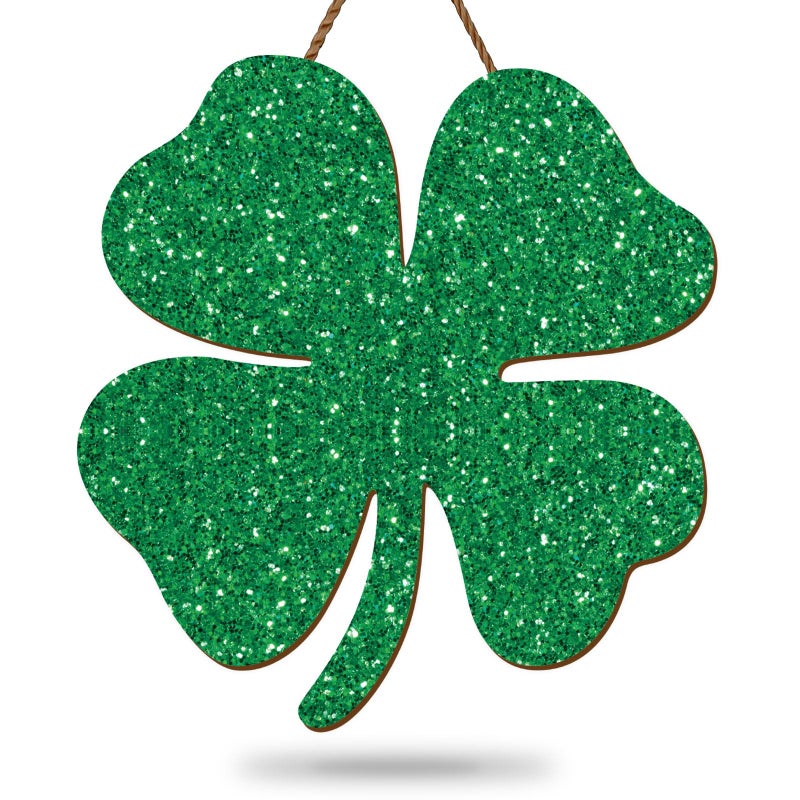 FYSUIMU St. Patrick's Day Door Sign Glitter Shamrock Wooden Hanging Sign Green Four-Leaf Clover Welcome Sign for Spring Irish Holiday Indoor Outdoor Porch Wall Door Decor - Image 1