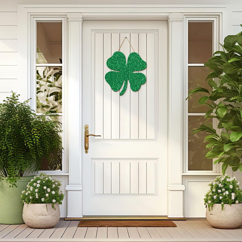 FYSUIMU St. Patrick's Day Door Sign Glitter Shamrock Wooden Hanging Sign Green Four-Leaf Clover Welcome Sign for Spring Irish Holiday Indoor Outdoor Porch Wall Door Decor - Image 3