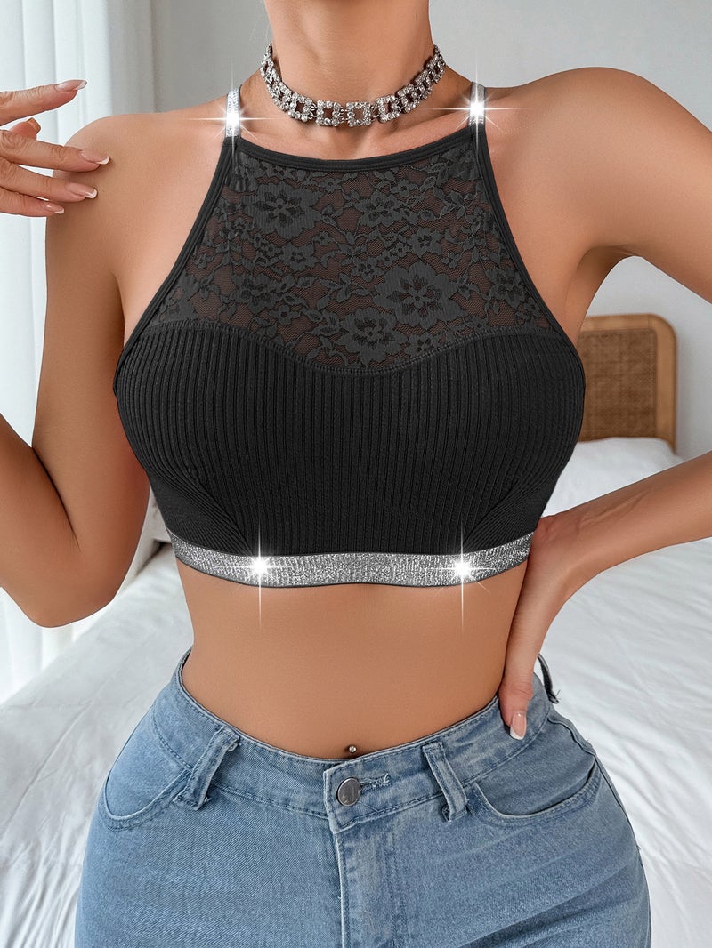 European Style Lace Splicing Halter Neck Bra with Silver Ribbon - Backless, Breathable & Comfortable
