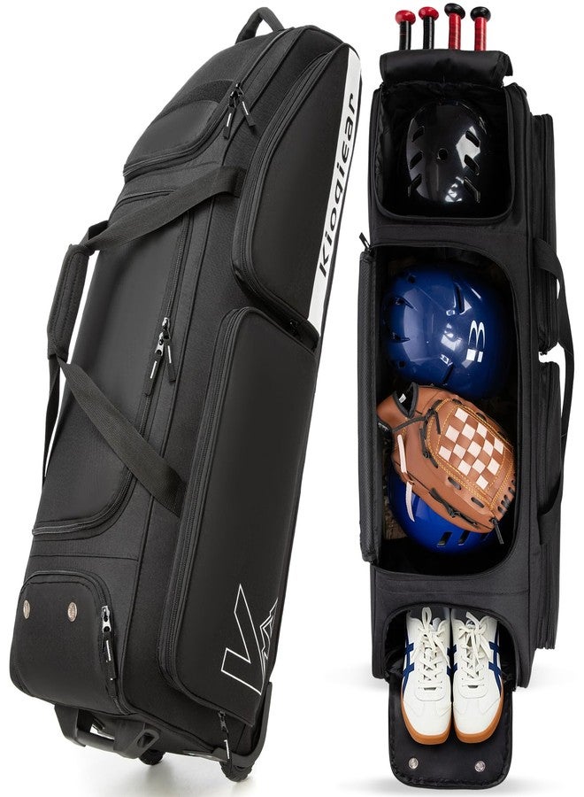 Kioqiear Catchers Gear Bag with Wheels for 4 Bats, Rolling Baseball Softball Bag With Multi-Pockets, Fence Hook, Holds All Baseball Equipment. (Black) - Image 1