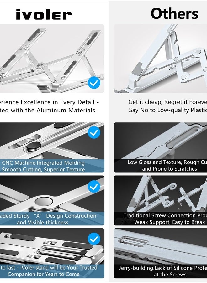 ivoler - Laptop Stand, Laptop Holder Riser Computer Tablet Stand, 6 Angles Adjustable Aluminum Ergonomic Foldable Portable Desktop Holder Compatible with MacBook,iPad, HP, Dell, Lenovo 10-15.6” Silver - Image 1