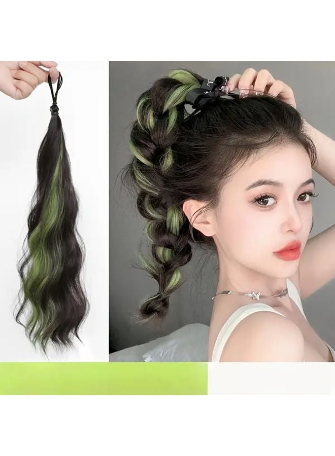 Green 20 Inch Long Womens Ponytail Wig With Brown Highlights High Temperature Fiber - Image 1