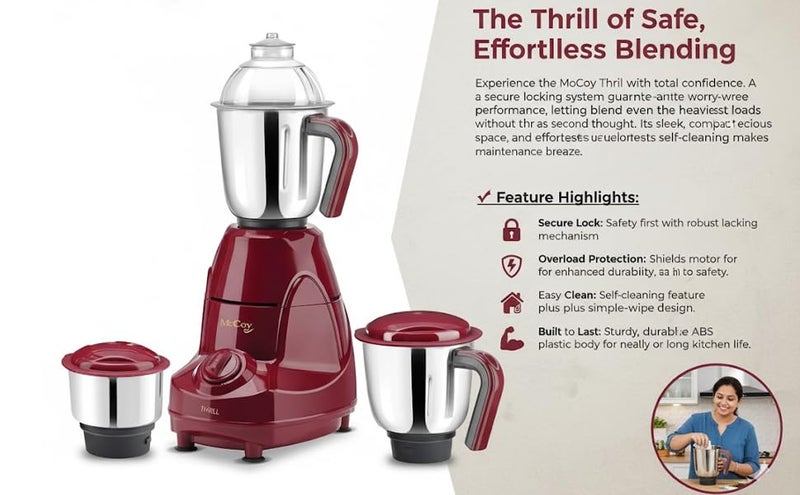 McCoy Thrill 750 Watts Mixer Grinder | 3 SS Jars | Powerful Motor |2 Year Warranty on Product | 5 Year Warranty on Motor | Maroon - Image 5