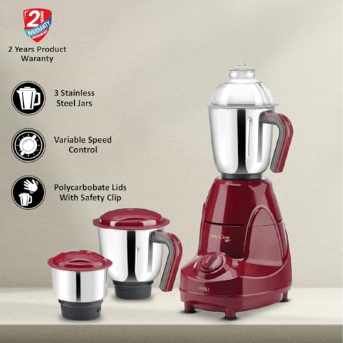 McCoy Thrill 750 Watts Mixer Grinder | 3 SS Jars | Powerful Motor |2 Year Warranty on Product | 5 Year Warranty on Motor | Maroon - Image 2