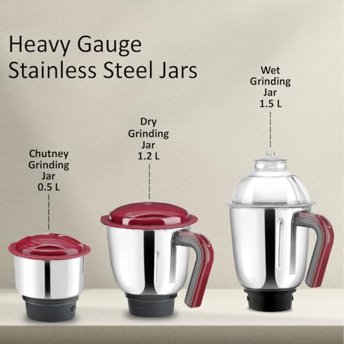 McCoy Thrill 750 Watts Mixer Grinder | 3 SS Jars | Powerful Motor |2 Year Warranty on Product | 5 Year Warranty on Motor | Maroon - Image 3